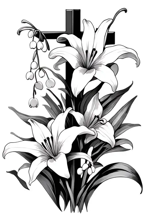 Negative Cross With 2 Lily Flowers And 3 Lily Of The Valley Flowers