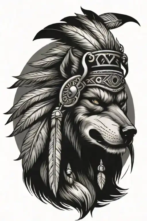 Snarling Wolf With American Indian Head Dress