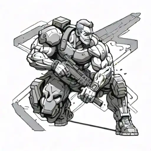 Design A Tattoo Featuring A Strong Military Figure Training In A Gym Filled With Anime References