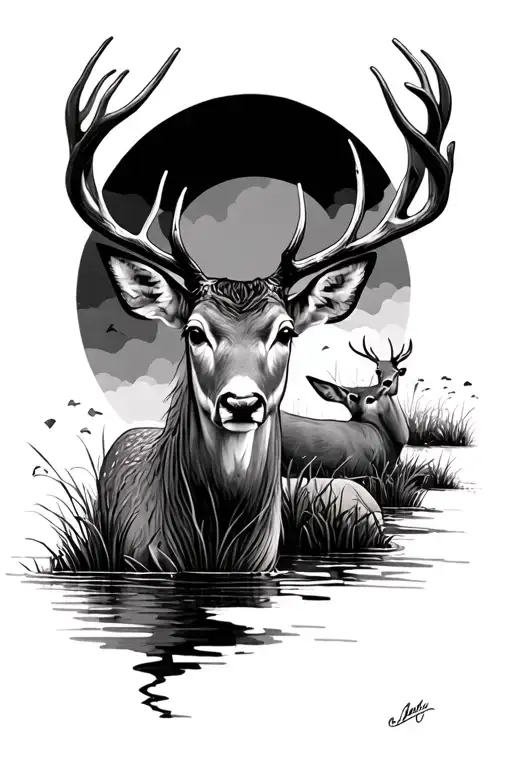 Feild With Deer And Water
