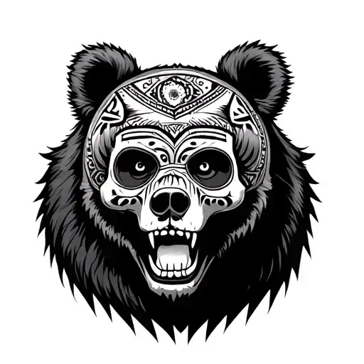 Mexican Aztec With Sugar Skull And Vicious Bear