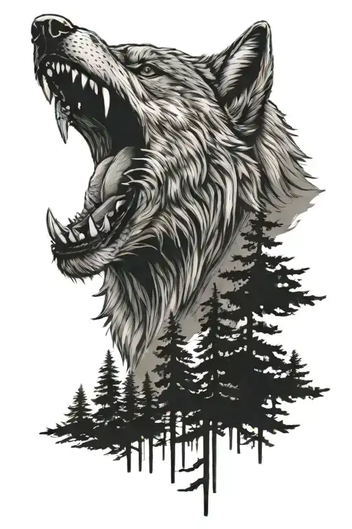 Snarling Wolf With Pine Trees In Background