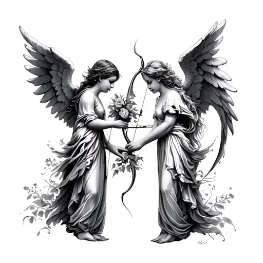 Two Angels Facing Each Other One Holding Flowers And The Other Holding A Bow And Arrow
