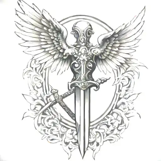 Back Tattoo With Curved Wings And Sword In The Middle