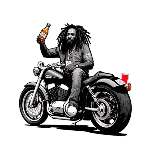 Bob Marley On A Honda Shadow 125 With A Bottle Of Ricard In Hand And Poker Card In Cartoon Style