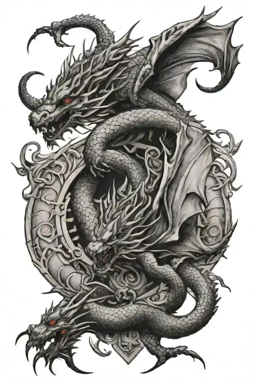 Two Dragons Flying Upwards Top Down View One Wing Intertwined From Each Dragon