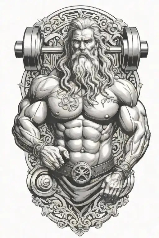 Super Muscled Atlas Greek God With Long Silver Hair And Beard Lifting Weights