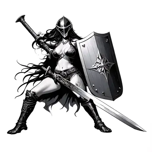 Female Warrior Holdin Sword And Sheild Wearing Helmet