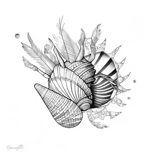 Seashell And Feathers With Sun In Background