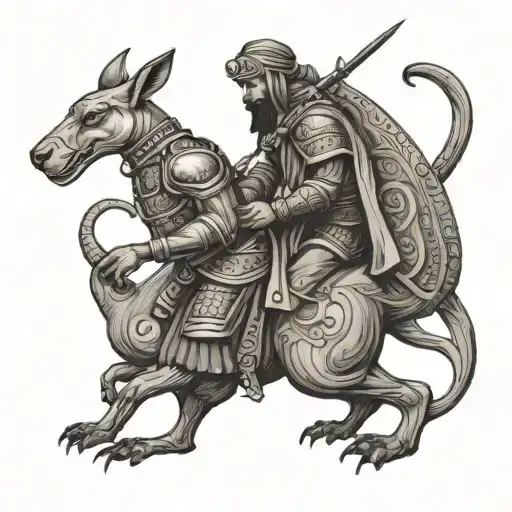 An Ottoman Warrior Battling A Kangaroo In A Stylized Black-grey Design