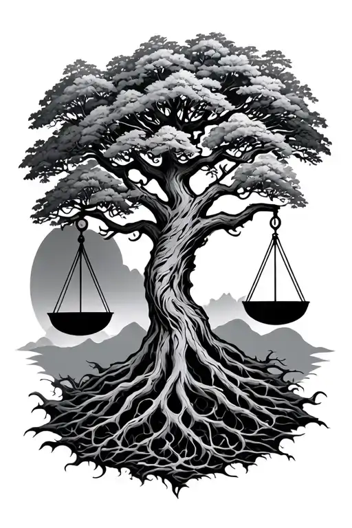 Yggdrasil Tree With A Scale Showing Balance