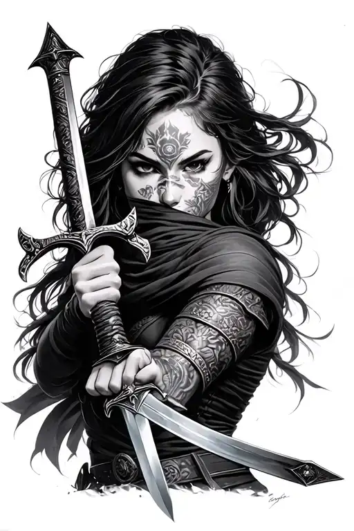 Female Warrior Wielding A Sword Covering Her Face