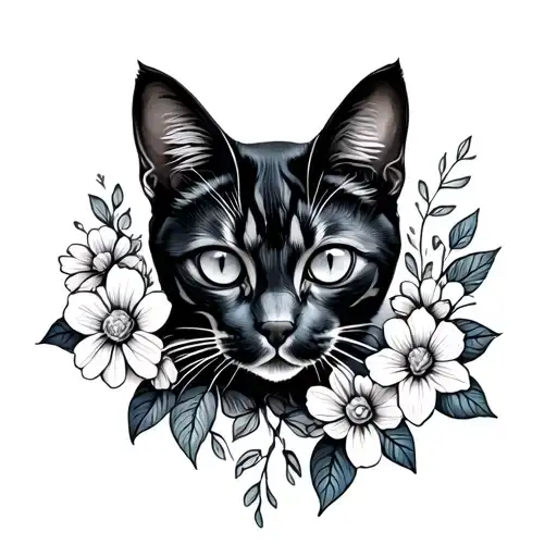Cat Sillouette With Flowers Growing