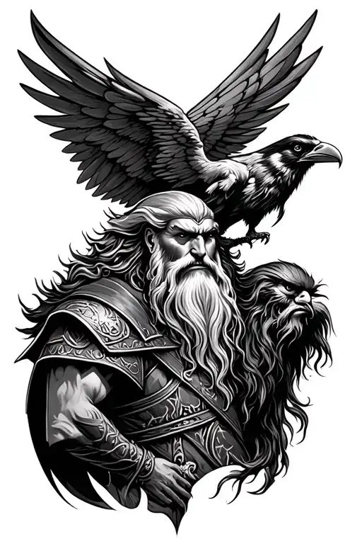 Viking Tattoo With Odin And A Winged Crow
