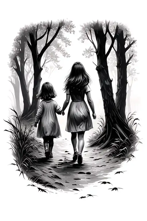 Mother Walking 11 Year Old Girl And 6 Year Old Girl Away In The Forest