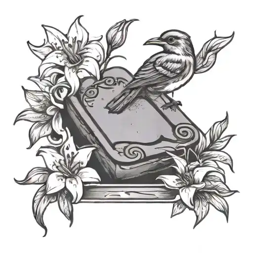 Traditional Gravestone With One Lily Flower And A Robin Perched On Top Of The Gravestone