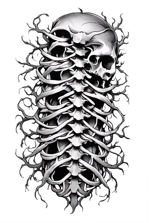 Spinal Tatoo With Thin Vines Wrapping Around Each Member Represented