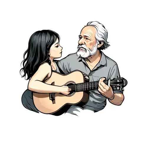 Grandpa Playing Guitar Next To A Girl Side Profile
