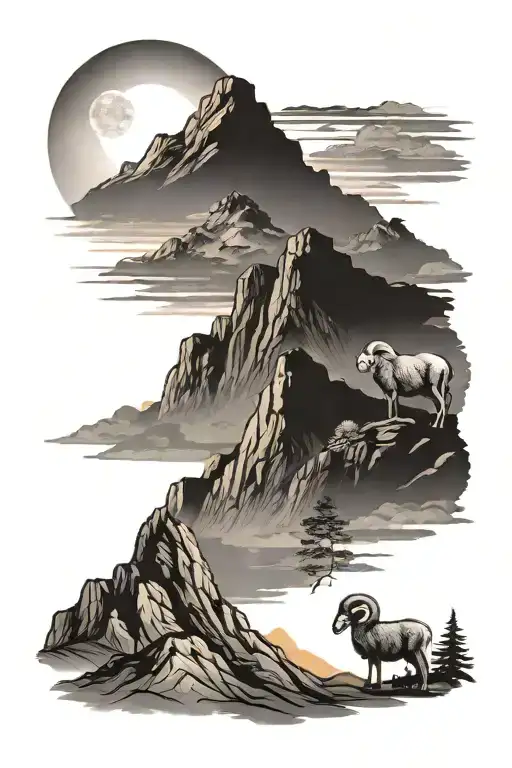 Mountain Scene With Rams And Sunset