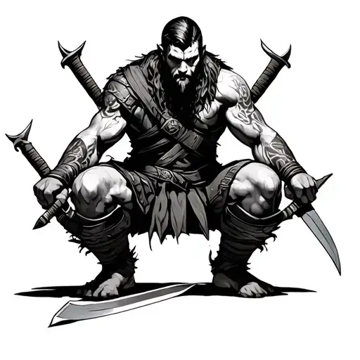 Sketch Of A Warrior Tattoo On His Knees With Blades In His Hands