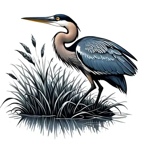 Great Blue Heron Surrounded By Grasses Nature