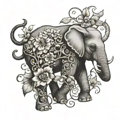Elephant Rapped In Vines And Big Flowers Blooming