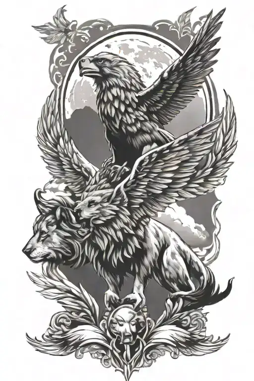 Soaring Eagle With Lion And Wolf Howling At The Moon