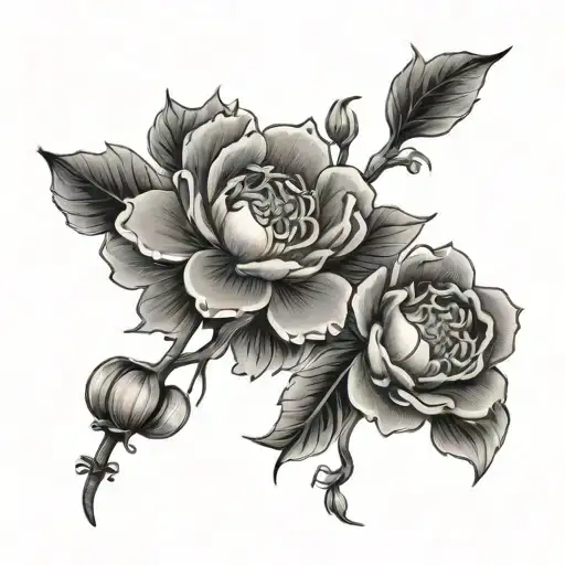 Small Tattoo With Chinese Patrons And Flowers