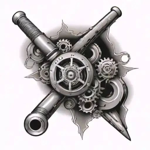 A Billiards Cue Wrapped In Chains And Tangled In Small Engine Gears On A Swampland Background