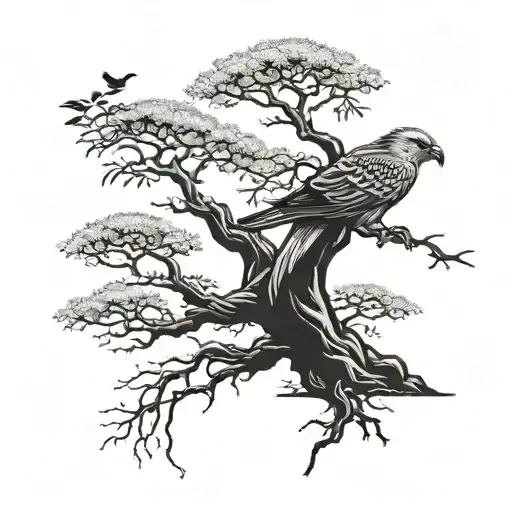 Bonsai Tree With A Hawk And 3 Names