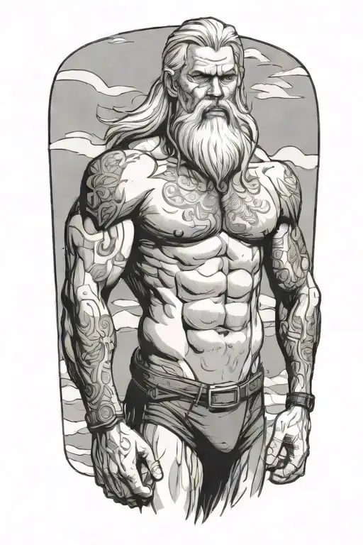 Super Muscled Man Standing In Speedo With Long Silver Hair And Beard