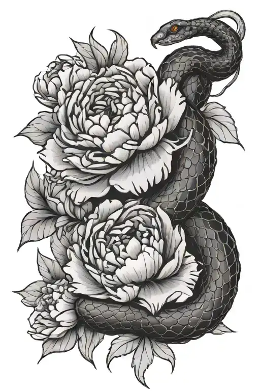 Snake Wrapped Around Peonies Blooming