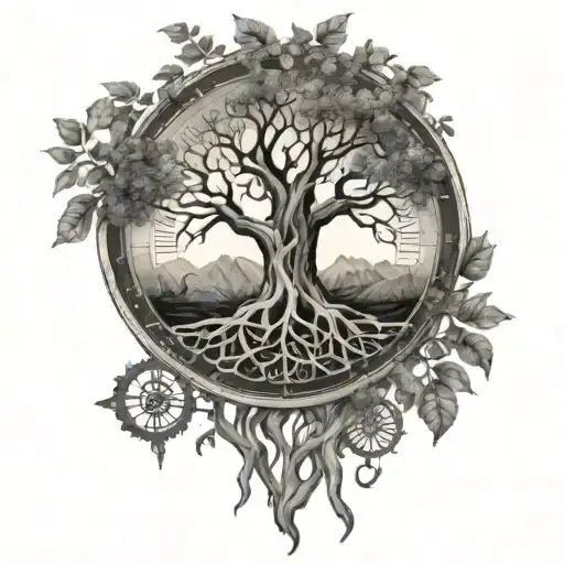A Large Tree Of Life With Roots That Intertwine Into A Viking Compass