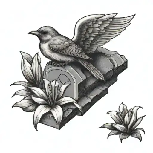 Traditional Gravestone Engraved With A Lily Flower And A Robin Perched On Top Of The Gravestone