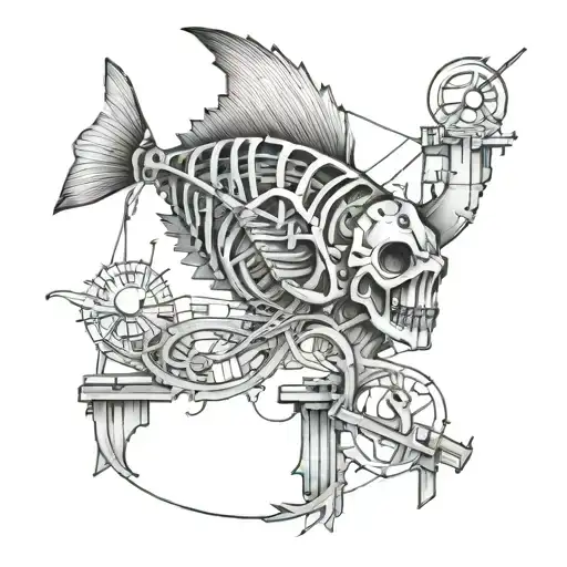 An Intricate Fish Skeleton Intertwined With A Blueprint Of A Construction Site