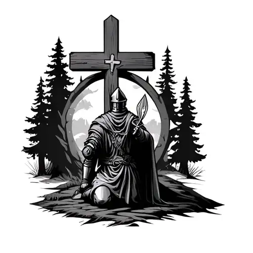 Knight On His Knees In Front Of A Cross In The Middle Of The Forest