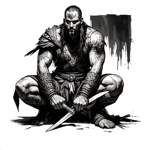 Sketch Of A Warrior Tattoo Sitting On His Knees With Blades In His Hands