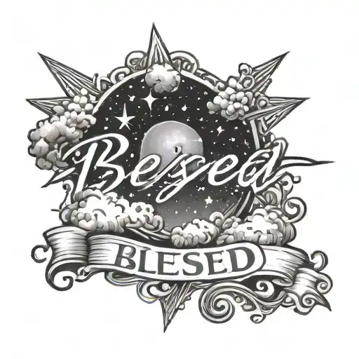 A Majestic Black And Grey Tattoo Of A Starry Sky With Clouds Parting To Reveal The Word 'Blessed'
