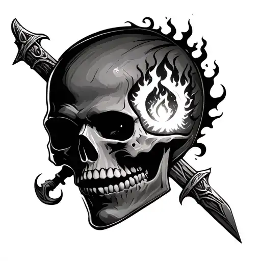 Skull With A Burning Man In One Eye Socket With A Knights Sword Straight Up And Down Through It