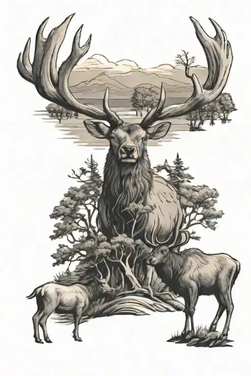 Ozark Scene With Elk And Rams And Sunset