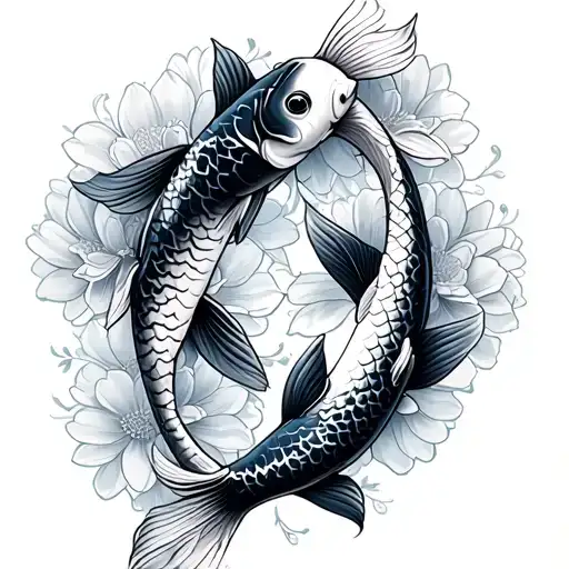 2 Koi Fish Against The Background Of Flowers