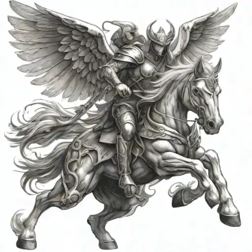 An Angelic Warrior Riding A Mythical Creature Into Battle Against Dark Forces