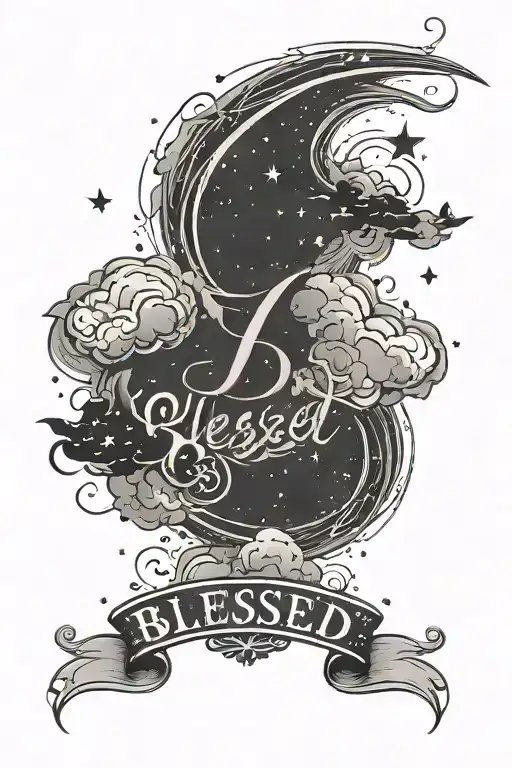 A Majestic Black And Grey Tattoo Of A Starry Sky With Clouds Parting To Reveal The Word 'Blessed'