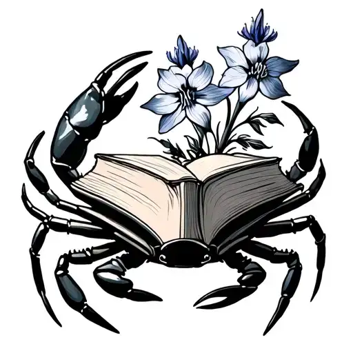 Crab Holding A Book And Larkspur Flower