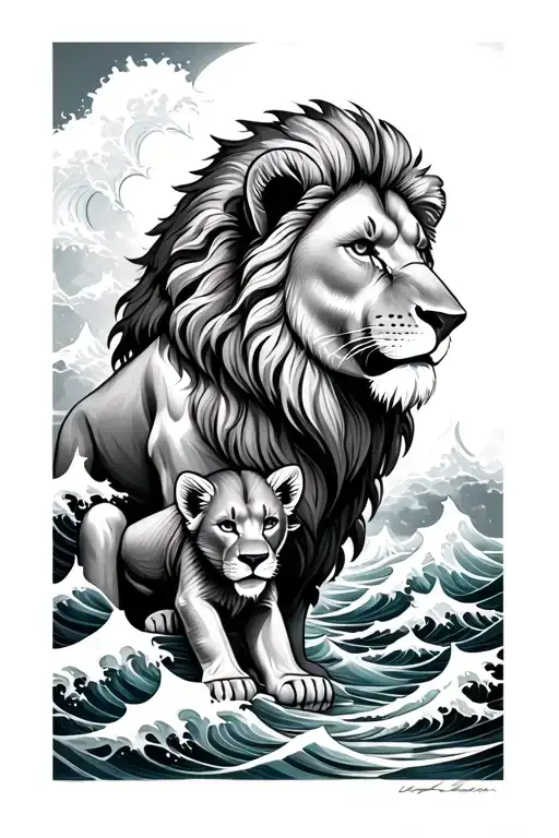 Dad Lion With Cub With Wave Background And Poseidon