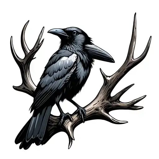 Raven Perched On Antler