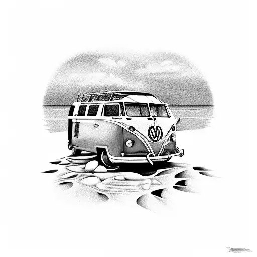 A Black And Grey Tattoo Of A Beach Scene With A Vw Kombi Van Parked Near The Shore