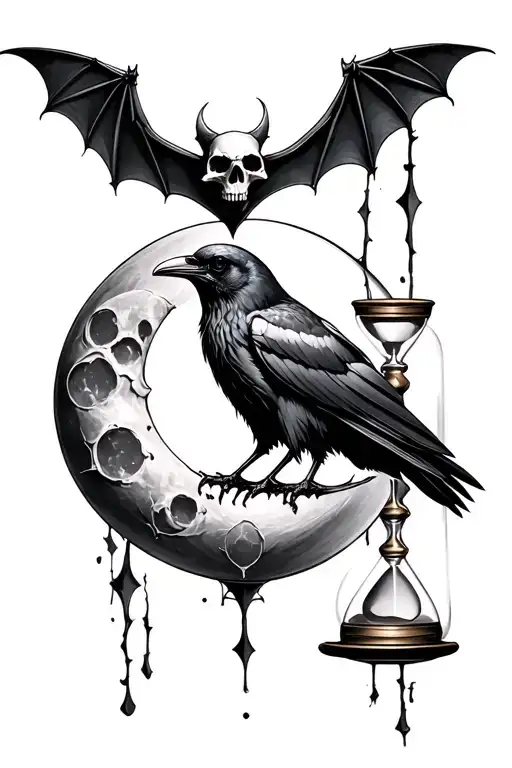 Bats Moon Raven Skull Hourglass