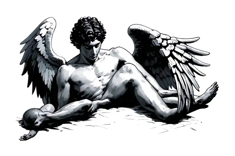 An Male Angel In The Fetal Position Head Down With One Full Wing And One Wing Made Of Bones