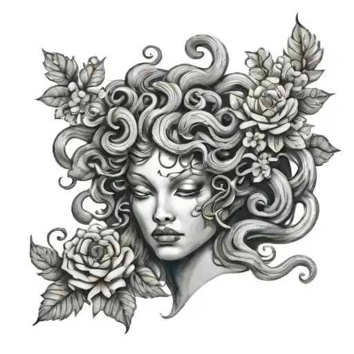A Black And Grey Tattoo Of Medusa With Flowers Intertwined In Her Hair